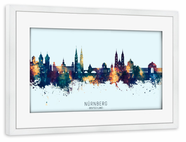 Poster mit Rahmen weiß "Nürnberg Skyline BlueOrange" artboxONE - Städte