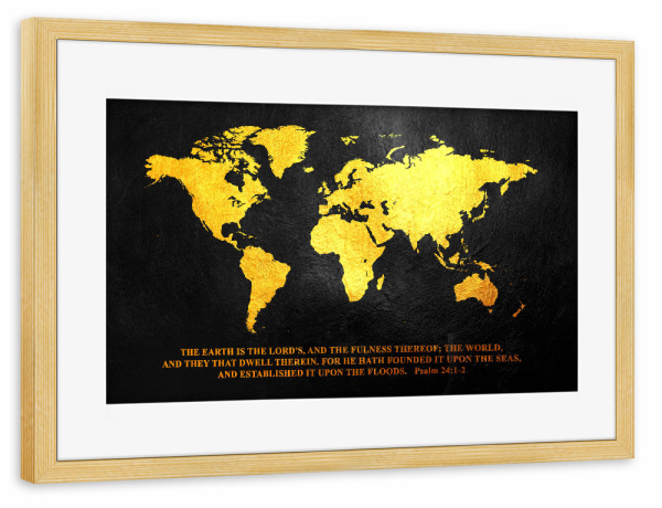 Poster mit Rahmen kiefer "World Map Gold with Bible Verse" artboxONE - Reise,Reise / Länder