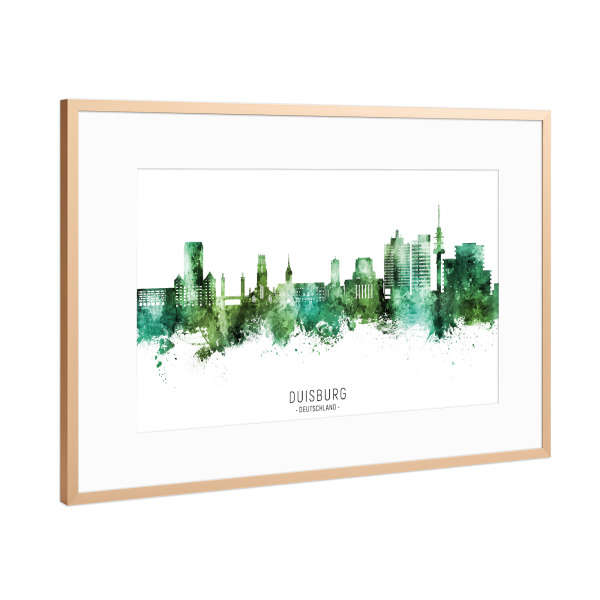 Poster mit Rahmen Kupfer "Duisburg Skyline Green Name" artboxONE - Städte