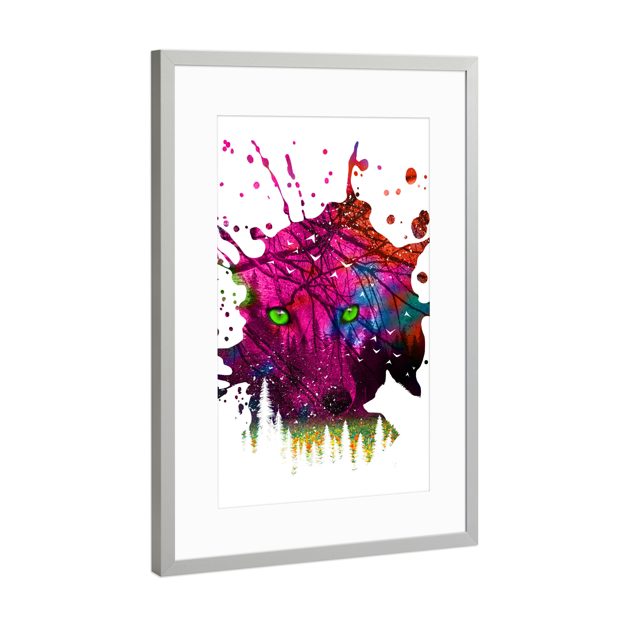 Poster mit Rahmen Silber "Colorful splash fox" artboxONE - Tiere,Comic