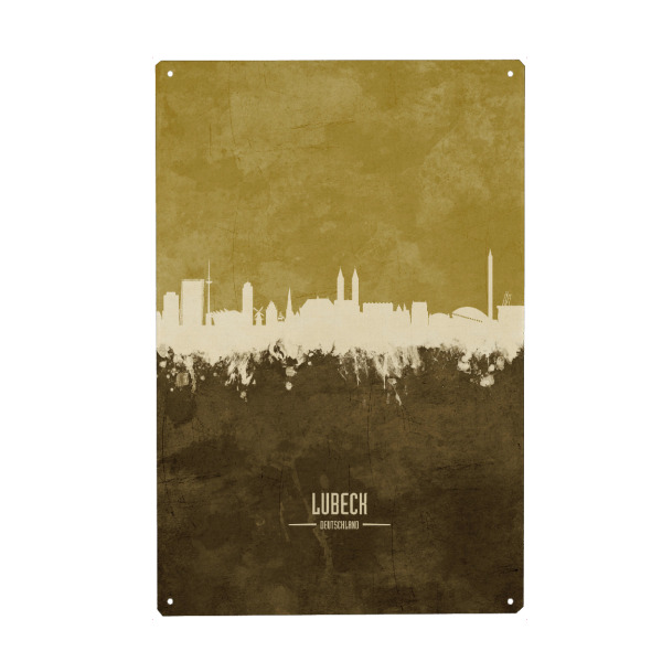 Holzbild "Lubeck Germany Skyline Brown" artboxONE - Städte - Lubeck,Germany,Skyline,Cityscape,Stadtbild,Watercolor,Painting,City,Stadt,Deutschland