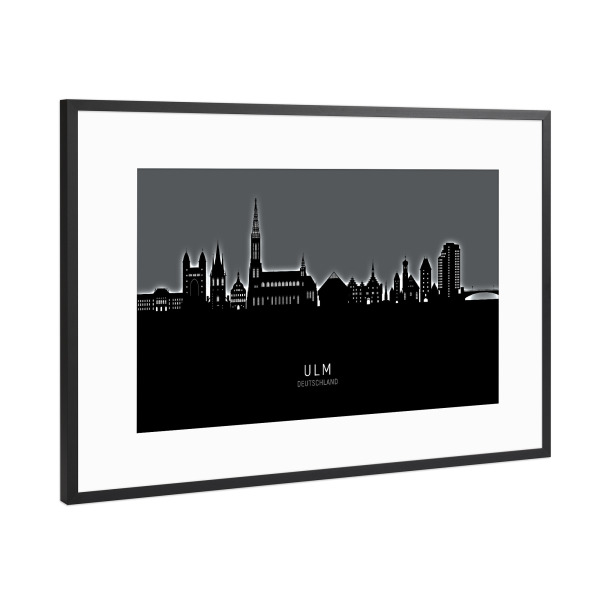 Poster mit Rahmen Schwarz (Metallic) "Ulm Germany Skyline Glow White" artboxONE - Städte,Schwarzweiß