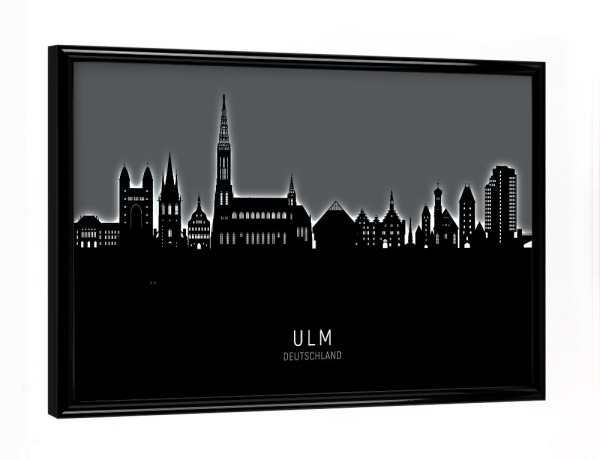 Poster mit schwarzem Rahmen "Ulm Germany Skyline Glow White" artboxONE - Städte,Schwarzweiß