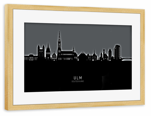 Poster mit Rahmen kiefer "Ulm Germany Skyline Glow White" artboxONE - Städte,Schwarzweiß