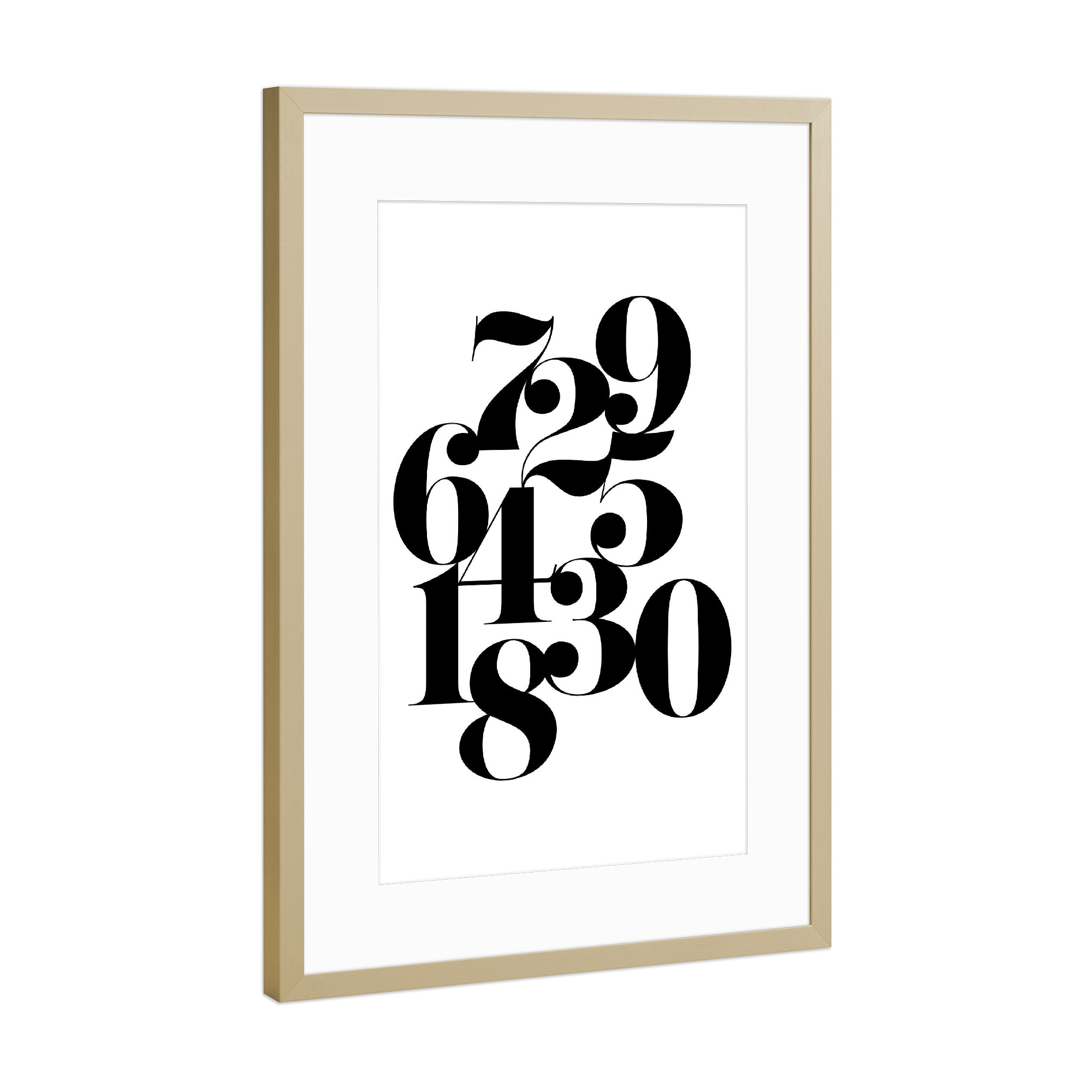 Poster mit Rahmen Gold "Mix Numbers" artboxONE - Typografie - Zahlen,Count,Zählen,Schwarzweiß,Blackandwhite,Minimal,Minimalistisch