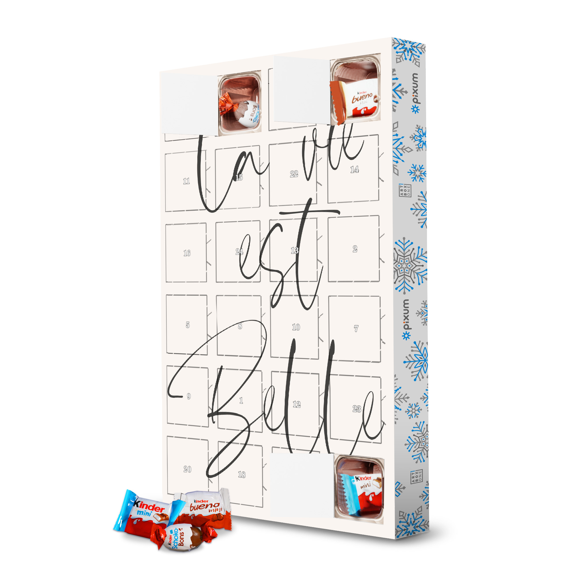 Adventskalender mit Produkten von Kinder La Vie Est Belle French Sign artboxONE Adventskalender Typografie