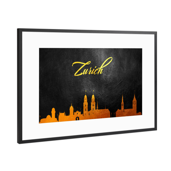 Poster mit Rahmen Schwarz (Metallic) "Zurich Switzerland Gold Skyline" artboxONE - Reise,Städte / Zürich