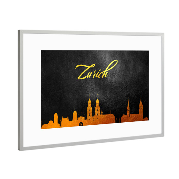 Poster mit Rahmen Silber "Zurich Switzerland Gold Skyline" artboxONE - Reise,Städte / Zürich