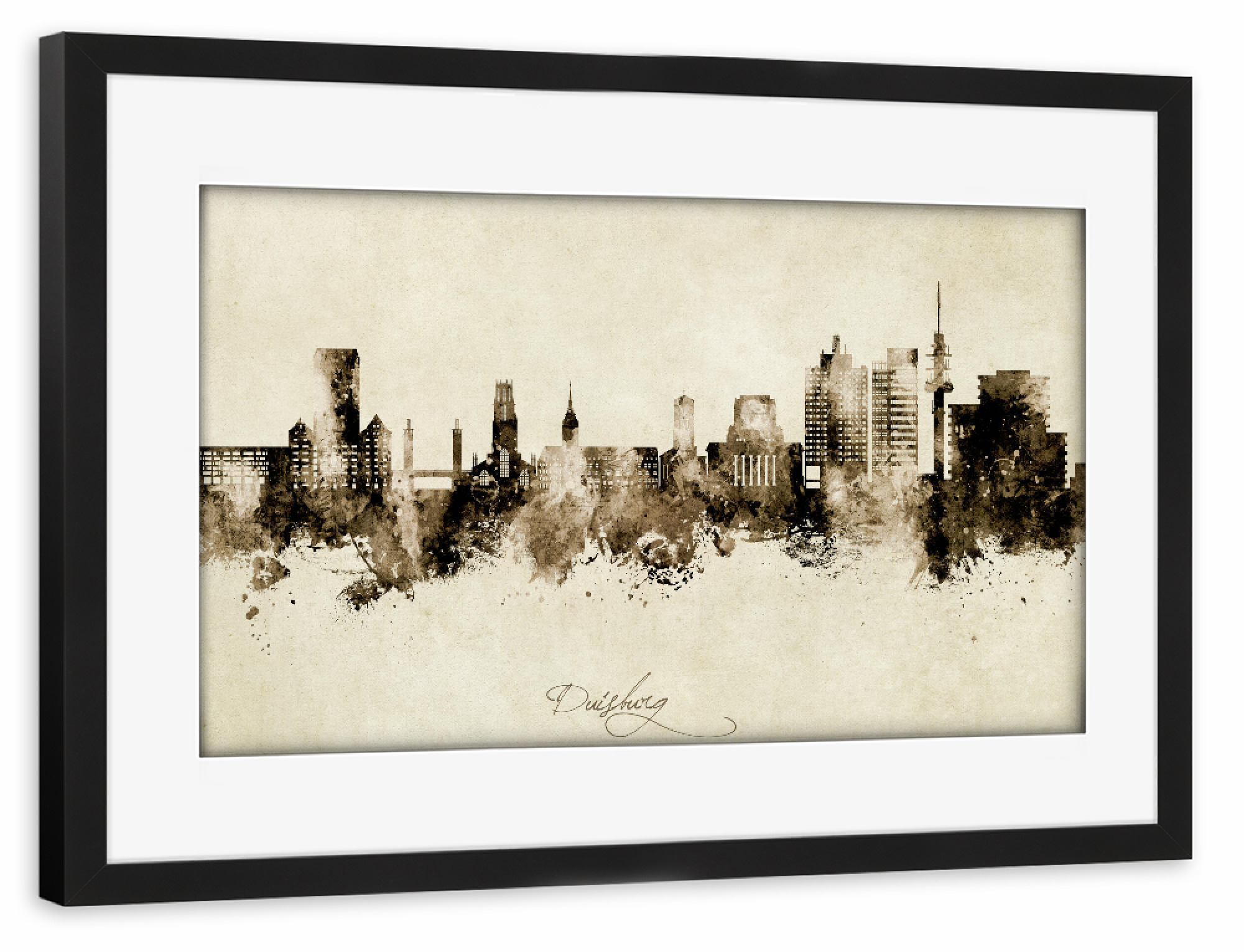 Poster mit Rahmen schwarz "Duisburg Germany Skyline Sepia" artboxONE - Städte