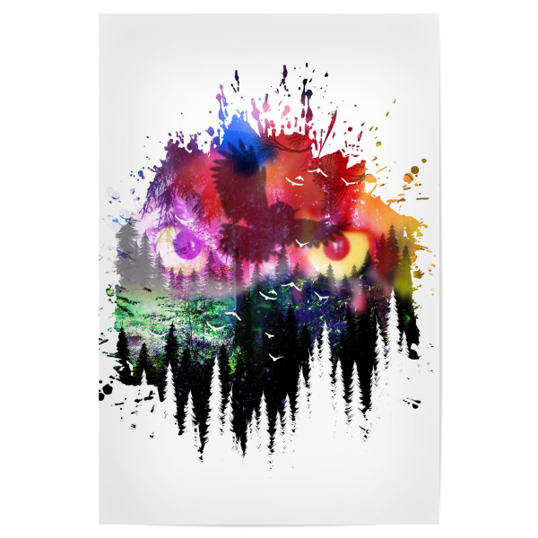 Poster "Owl's eyes" artboxONE - Tiere,Abstrakt - Owl,Bird,Forest,Trees,Summer,Night,Wald,Bunt,Colorful,Sommer,Vogel,Eule