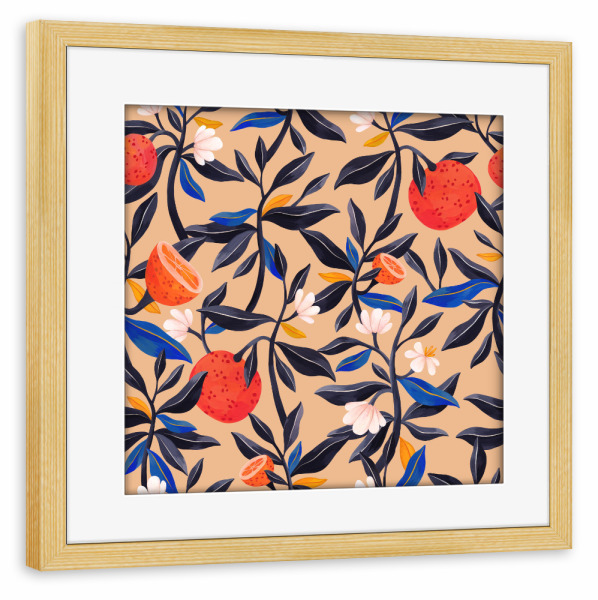 Poster mit Rahmen kiefer "Flaming Garden - Orangenmuster" artboxONE - Natur,Floral,Essen & Trinken / Obst & Gemüse