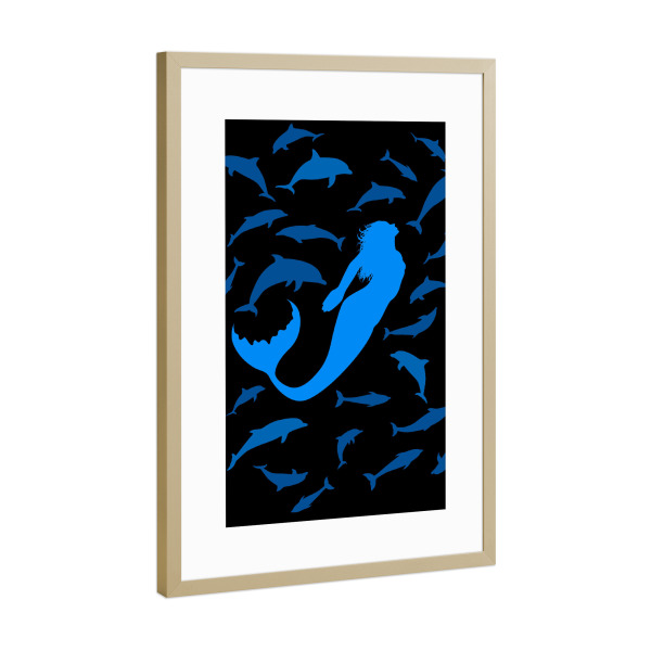 Poster mit Rahmen Gold "Siren" artboxONE - Tiere,Comic,Unterwasser - Ocean,Summer,Sea,Siren,Dolphin,Pattern,Fish,Meer,Meerjungfrau,Fische,Delphine