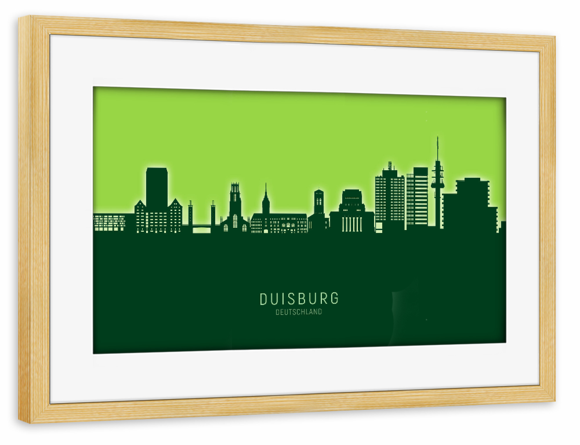Poster mit Rahmen kiefer "Duisburg Skyline Glow Green" artboxONE - Städte