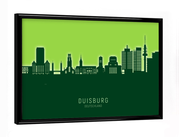 Poster mit schwarzem Rahmen "Duisburg Skyline Glow Green" artboxONE - Städte