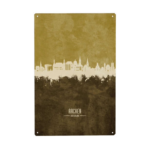 Holzbild "Aachen Germany Skyline Brown" artboxONE - Städte - Aachen,Deutschland,Skyline,Cityscape,Stadtbild,Watercolor,Painting,City,Stadt,Germany