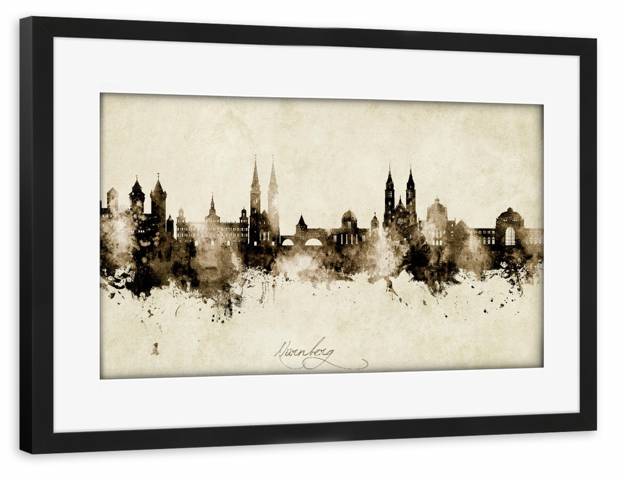Poster mit Rahmen schwarz "Nürnberg Germany Skyline Sepia" artboxONE - Städte