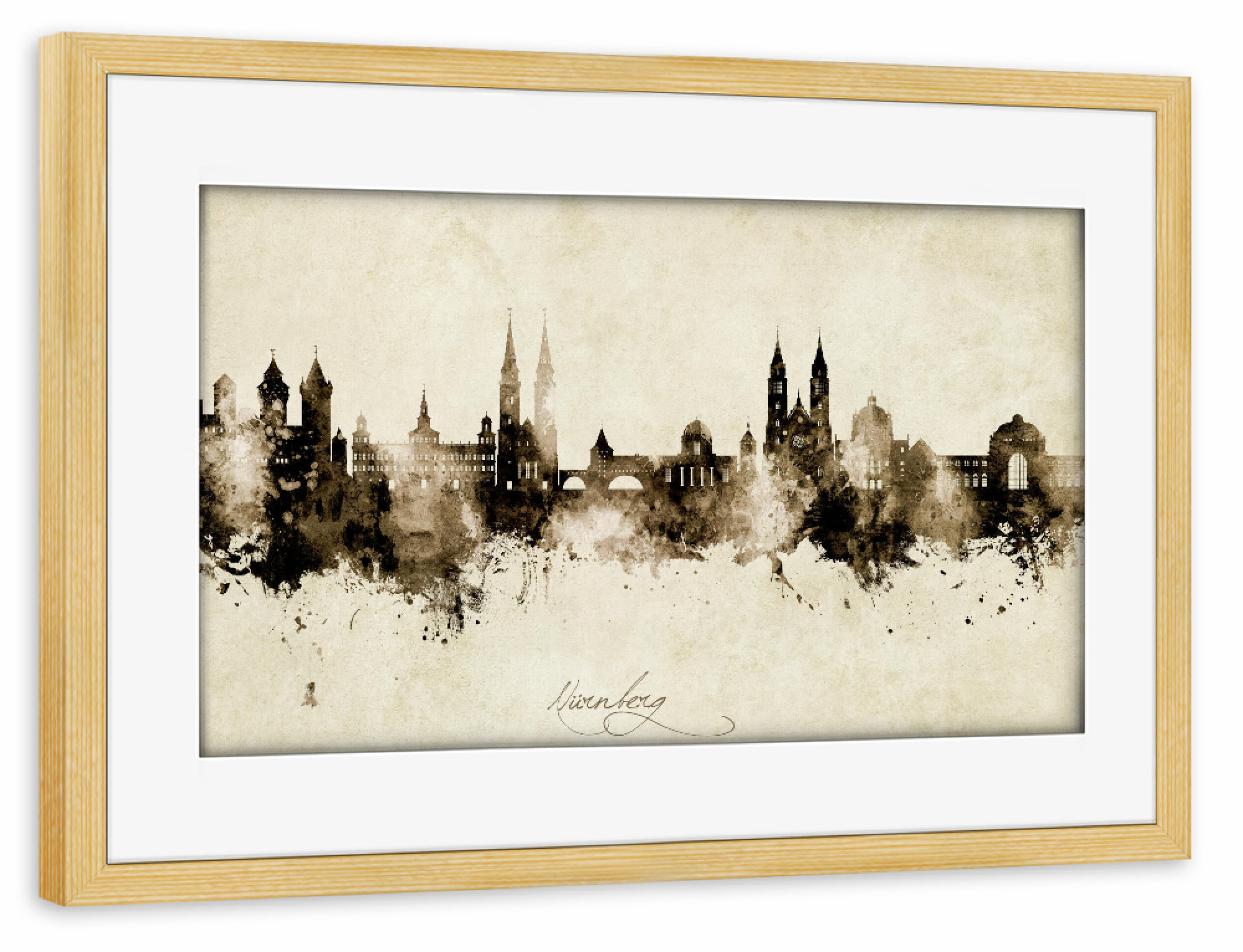 Poster mit Rahmen kiefer "Nürnberg Germany Skyline Sepia" artboxONE - Städte