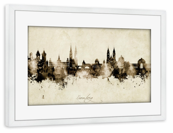 Poster mit Rahmen weiß "Nürnberg Germany Skyline Sepia" artboxONE - Städte
