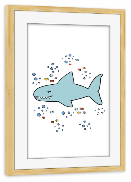 Poster mit Rahmen kiefer "Gut gelaunter Hai" artboxONE - Für Kinder,Tiere,Comic,Unterwasser
