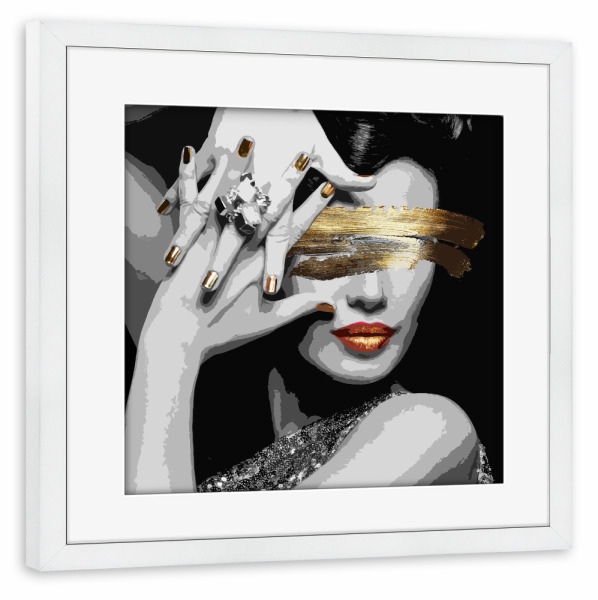 Poster mit Rahmen weiß "Ladie and Gold" artboxONE - Menschen,Fashion,Für Mama - Woman,Female,Feminine,Girl,Ladie,Gold,Golden,Collage,Abstract,Frau