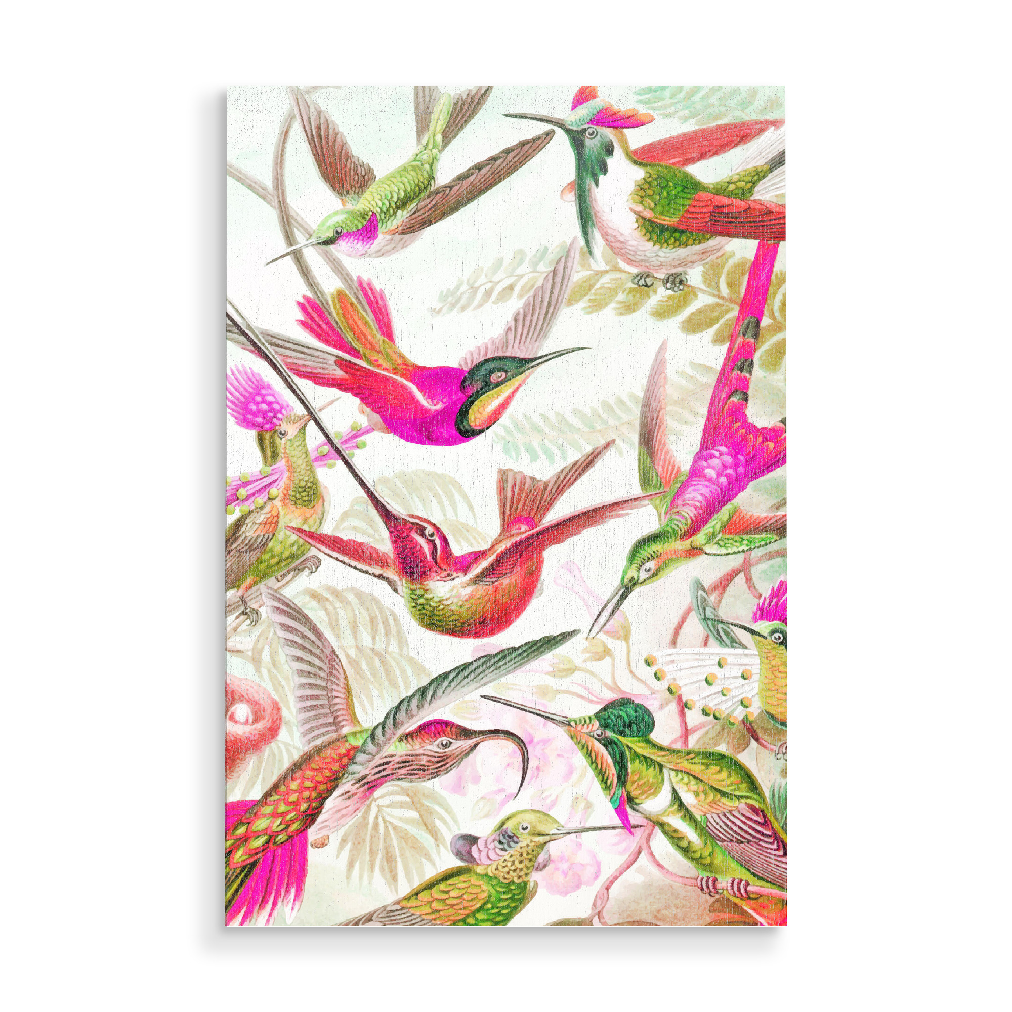 Holzbild "Haven" artboxONE - Tiere - Impressionism,Acrylic,Watercolor,Birds,Animal pattern,Fly,Exotic,Tropical,Nature,Pink,Animals,Tiere,Bunt,Colorful