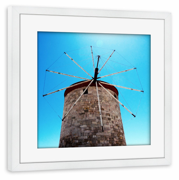Poster mit Rahmen weiß "Windmühle, Rhodos" artboxONE - Reise,Reise / Strand und Meer,Reise / Länder
