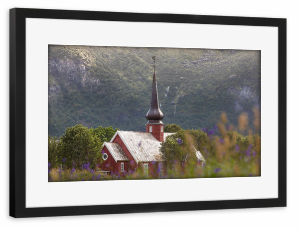 Poster mit Rahmen schwarz "Flakstad Church" artboxONE - Reise,Architektur