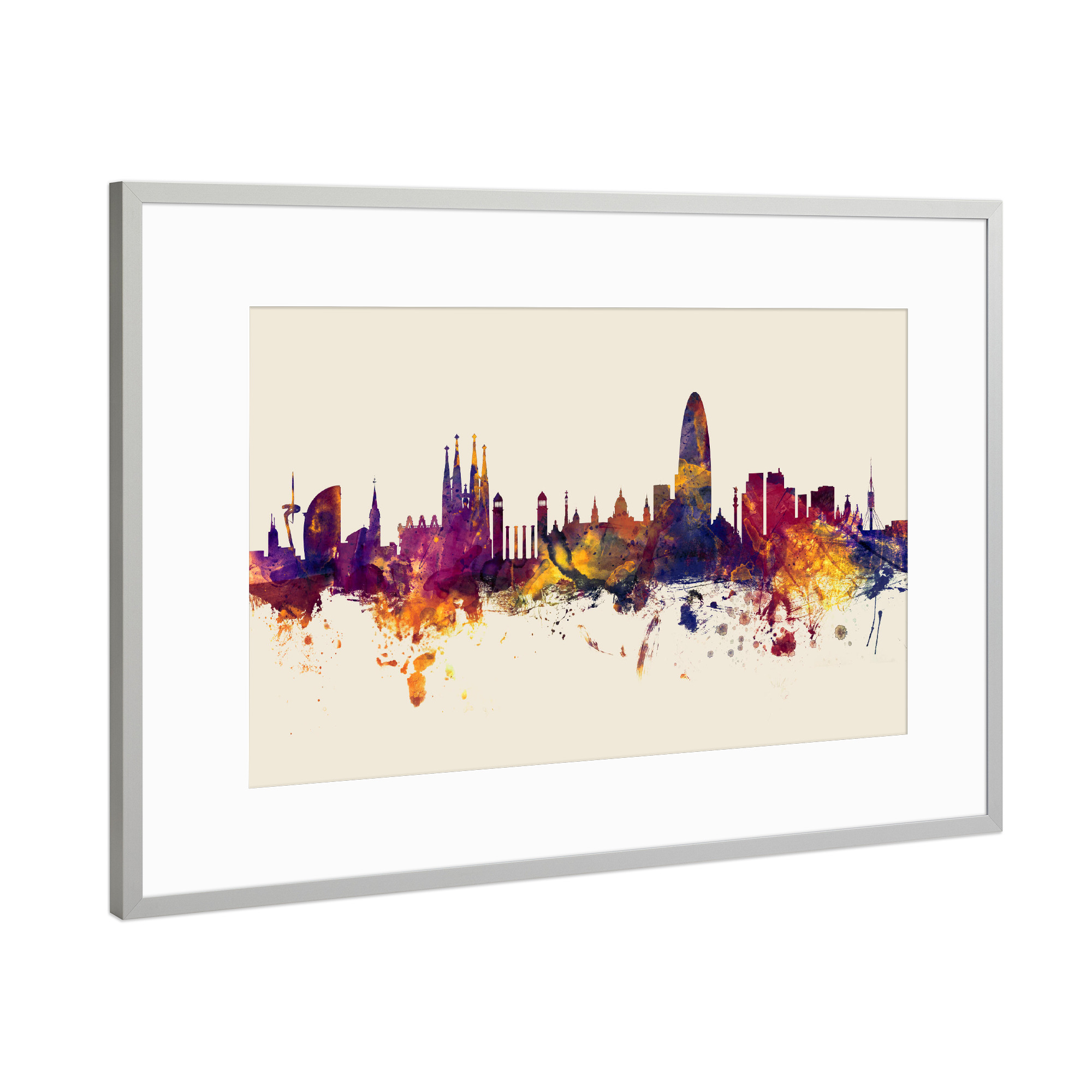 Poster mit Rahmen Silber "Barcelona Spain Skyline Autumn" artboxONE - Städte