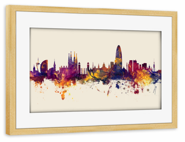 Poster mit Rahmen kiefer "Barcelona Spain Skyline Autumn" artboxONE - Städte