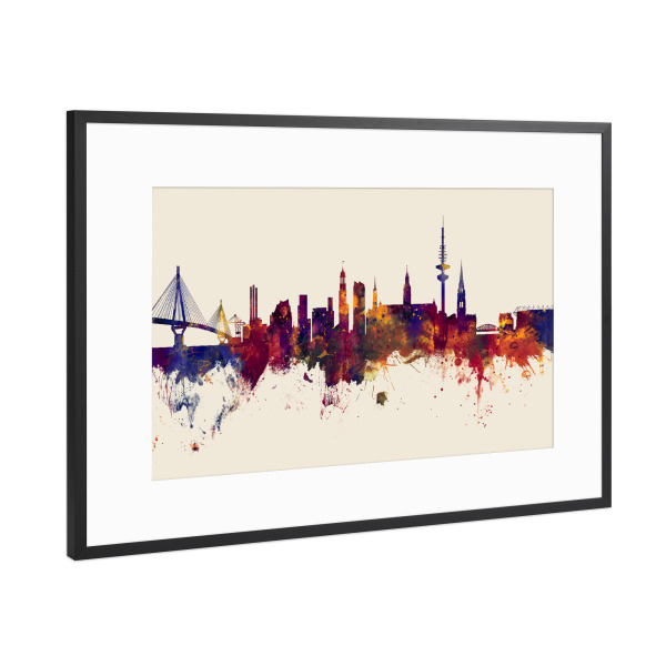 Poster mit Rahmen Schwarz (Metallic) "Hamburg Germany Skyline Autumn" artboxONE - Städte