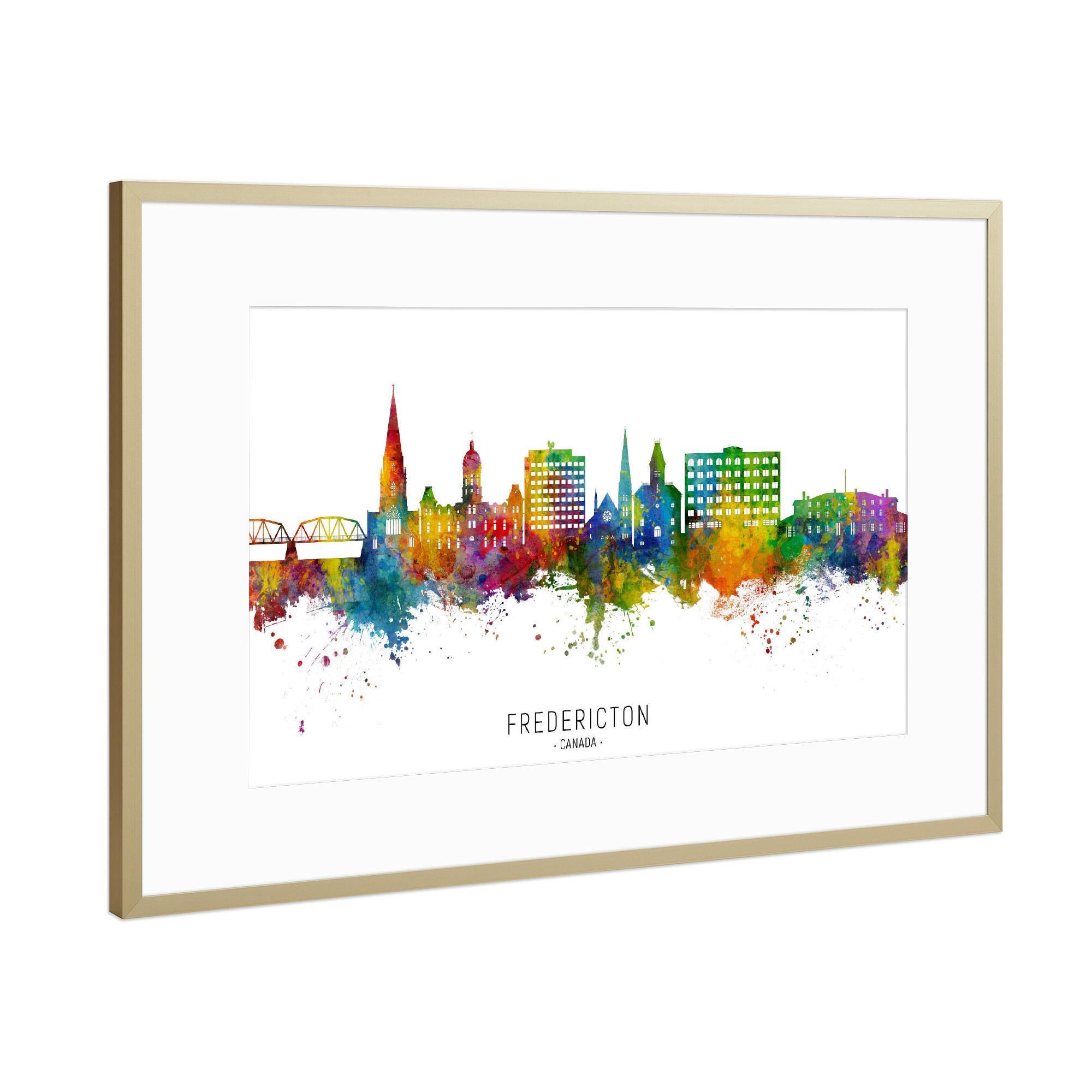Poster mit Rahmen Gold "Fredericton Canada Skyline txt" artboxONE - Städte