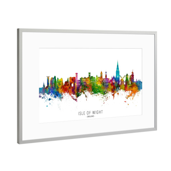 Poster mit Rahmen Silber "Isle of Wight England Skyline txt" artboxONE - Städte