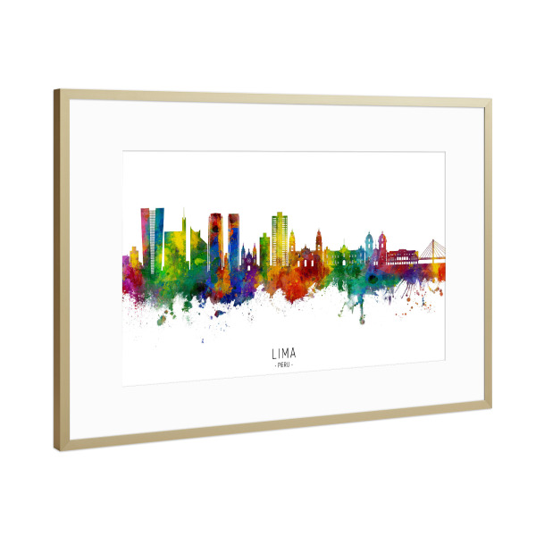 Poster mit Rahmen Gold "Lima Peru Skyline txt" artboxONE - Städte - Lima,Peru,Skyline,Cityscape,Stadtbild,Watercolor,Painting,Bunt,Colorful,City,Stadt