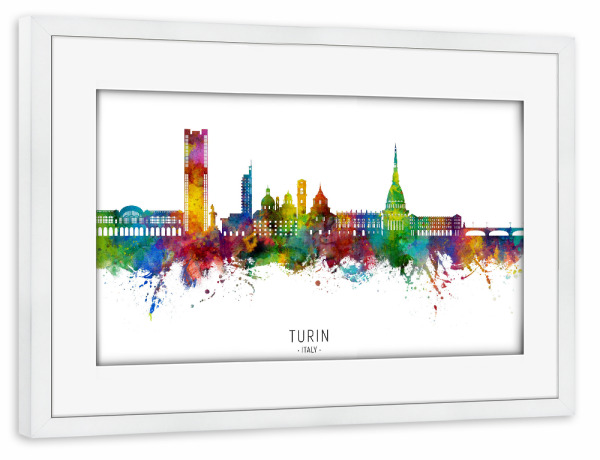 Poster mit Rahmen weiß "Turin Italy Skyline txt" artboxONE - Städte