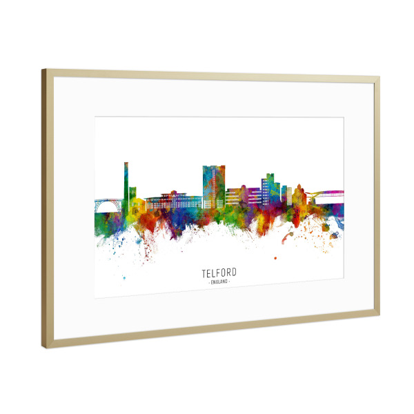 Poster mit Rahmen Gold "Telford England Skyline txt" artboxONE - Städte