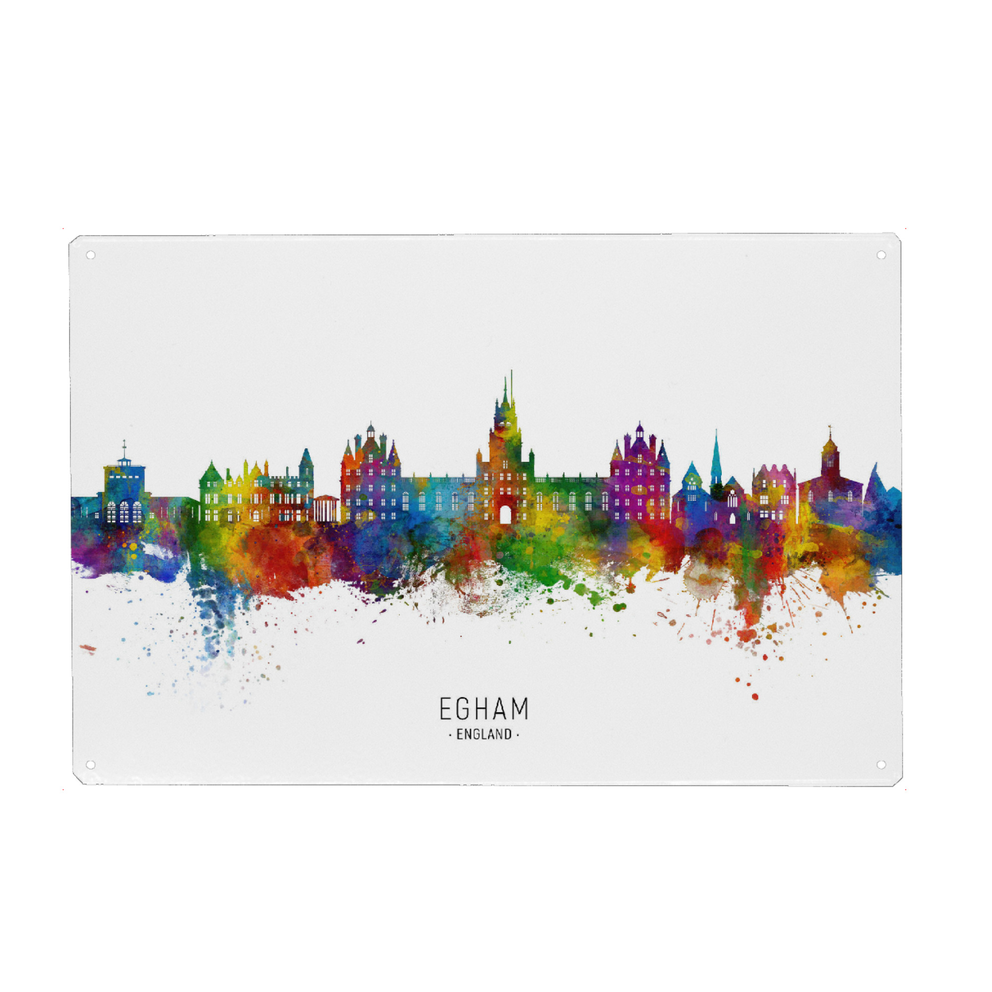 Holzbild "Egham England Skyline txt" artboxONE - Städte - Egham,England,Skyline,Cityscape,Stadtbild,Watercolor,Painting,City,Stadt,Bunt,Colorful