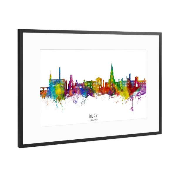 Poster mit Rahmen Schwarz (Metallic) "Bury England Skyline txt" artboxONE - Städte