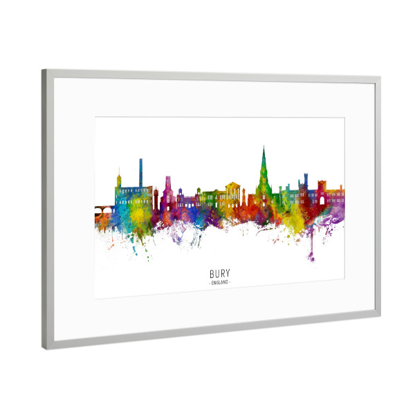 Poster mit Rahmen Silber "Bury England Skyline txt" artboxONE - Städte