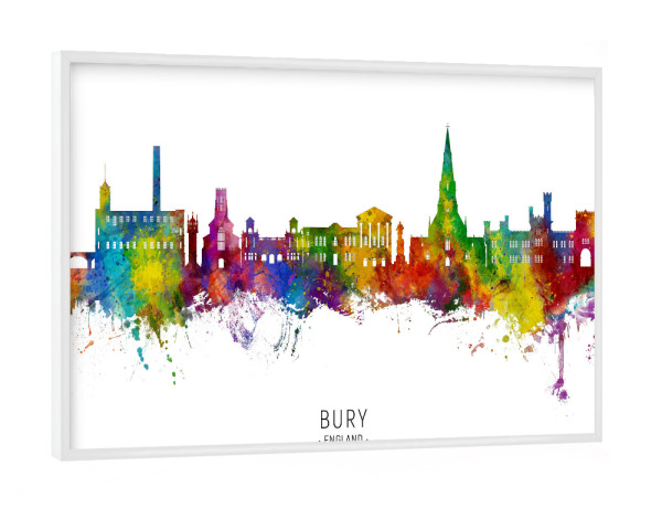 Poster mit weißem Rahmen "Bury England Skyline txt" artboxONE - Städte