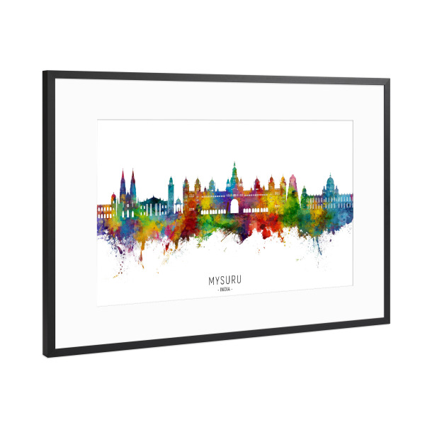 Poster mit Rahmen Schwarz (Metallic) "Mysuru Skyline India txt" artboxONE - Städte