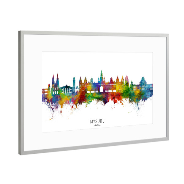 Poster mit Rahmen Silber "Mysuru Skyline India txt" artboxONE - Städte