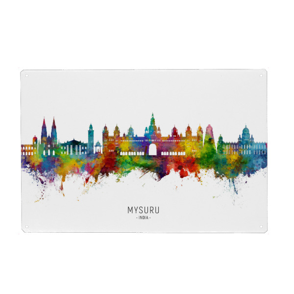 Holzbild "Mysuru Skyline India txt" artboxONE - Städte - Mysuru,India,Skyline,Cityscape,Stadtbild,Watercolor,Painting,City,Stadt,Bunt,Colorful,Indien