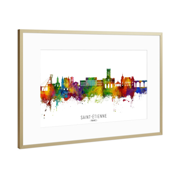 Poster mit Rahmen Gold "Saint-Étienne France Skyline txt" artboxONE - Städte