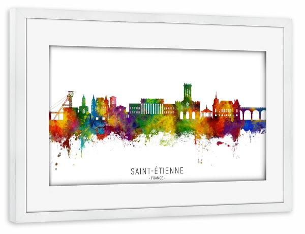 Poster mit Rahmen weiß "Saint-Étienne France Skyline txt" artboxONE - Städte
