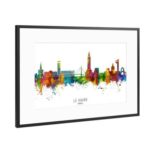 Poster mit Rahmen Schwarz (Metallic) "Le Havre France Skyline txt" artboxONE - Städte