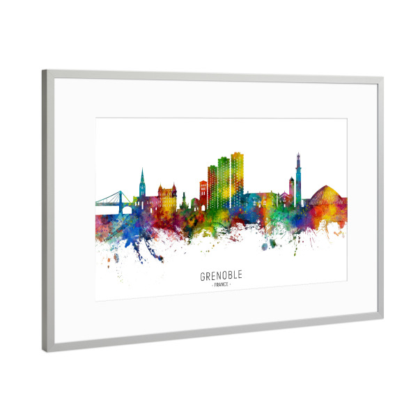 Poster mit Rahmen Silber "Grenoble France Skyline txt" artboxONE - Städte