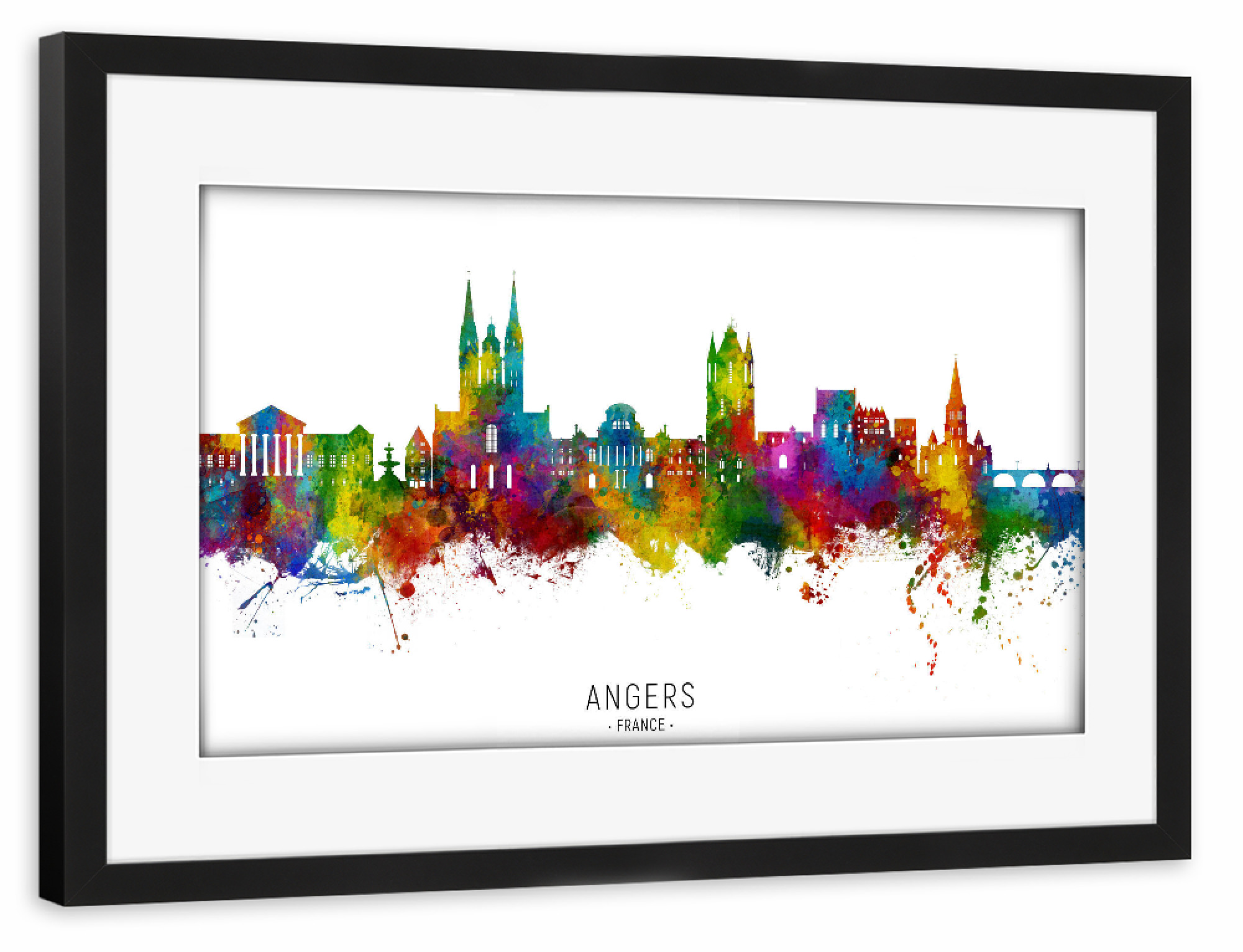 Poster mit Rahmen schwarz "Angers France Skyline txt" artboxONE - Städte