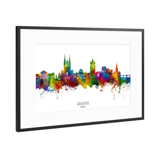 Poster mit Rahmen Schwarz (Metallic) "Angers France Skyline txt" artboxONE - Städte