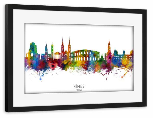 Poster mit Rahmen schwarz "Nîmes France Skyline txt" artboxONE - Städte