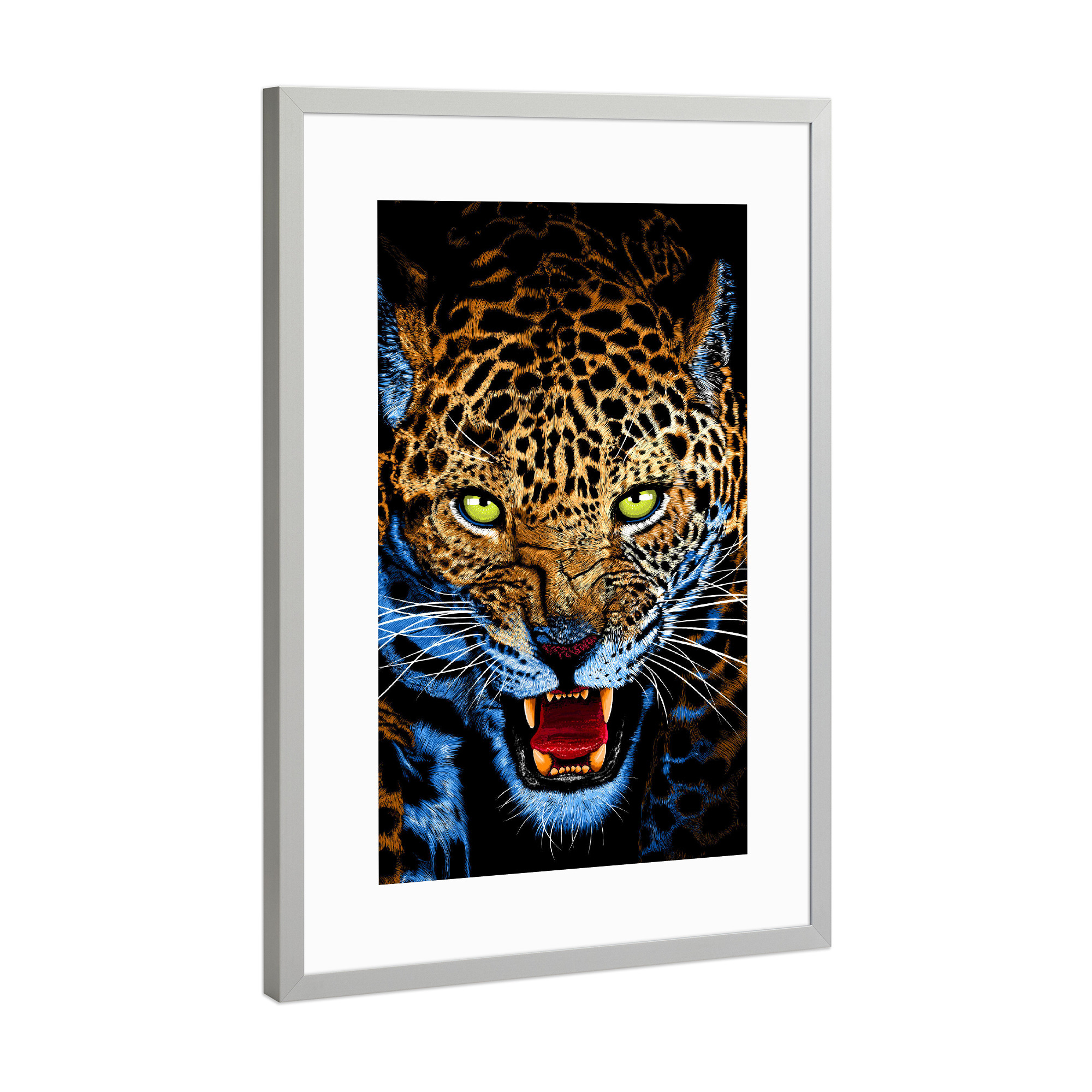 Poster mit Rahmen Silber "Aggressive Leopard Face" artboxONE - Tiere